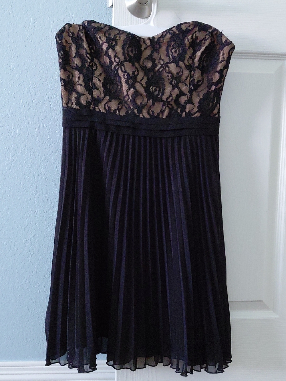 Strapless Black Lace & Nude Pleated Evening Dress